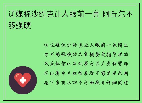 辽媒称沙约克让人眼前一亮 阿丘尔不够强硬